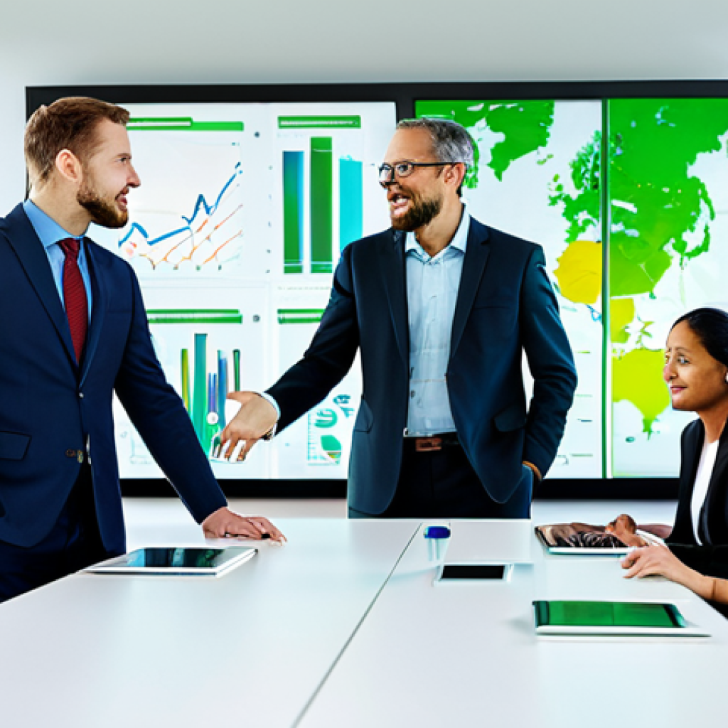 A diverse group of professional business individuals, including men and women, dressed in modest business suits and professional attire, are engaged in a collaborative discussion around a modern conference table in a bright, contemporary office setting. On a large, sleek display screen behind them, abstract ESG (Environmental, Social, Governance) data visualizations and sustainability performance charts are visible, highlighting the future of green finance and corporate responsibility. The atmosphere is dynamic and forward-thinking, emphasizing strategic planning and teamwork. fully clothed, appropriate attire, safe for work, perfect anatomy, correct proportions, natural pose, well-formed hands, proper finger count, natural body proportions, professional photography, high quality.