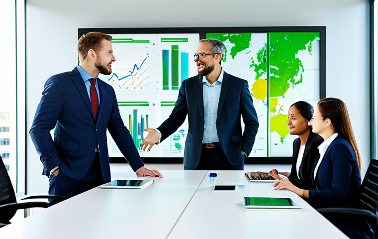 A diverse group of professional business individuals, including men and women, dressed in modest business suits and professional attire, are engaged in a collaborative discussion around a modern conference table in a bright, contemporary office setting. On a large, sleek display screen behind them, abstract ESG (Environmental, Social, Governance) data visualizations and sustainability performance charts are visible, highlighting the future of green finance and corporate responsibility. The atmosphere is dynamic and forward-thinking, emphasizing strategic planning and teamwork. fully clothed, appropriate attire, safe for work, perfect anatomy, correct proportions, natural pose, well-formed hands, proper finger count, natural body proportions, professional photography, high quality.