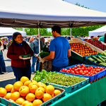 **

A diverse group of people shopping at a local farmer's market, selecting fresh produce. Baskets overflow with colorful fruits and vegetables. The scene is vibrant and sunny, highlighting the connection between community and sustainable eating. fully clothed, appropriate content, safe for work, perfect anatomy, natural proportions, professional photography, high quality.

**