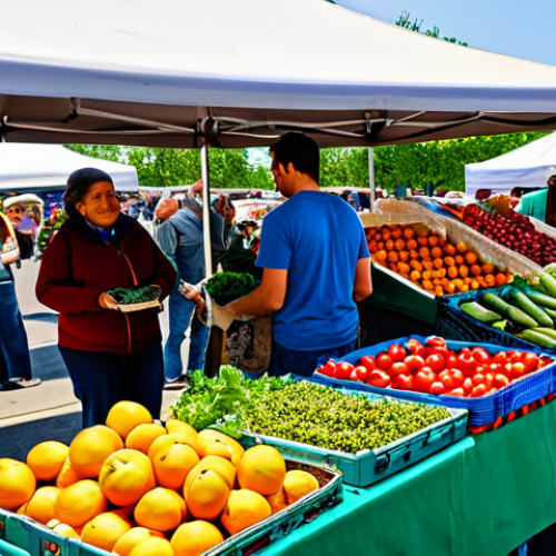 Home 11 **
A diverse group of people shopping at a local farmer's market, selecting fresh produce. Baskets overflow with colorful fruits and vegetables. The scene is vibrant and sunny, highlighting the connection between community and sustainable eating. fully clothed, appropriate content, safe for work, perfect anatomy, natural proportions, professional photography, high quality.
**