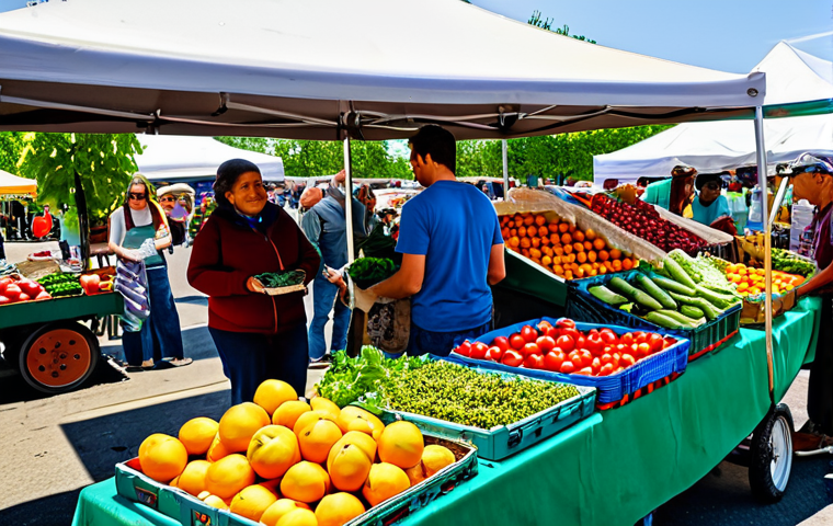 **
A diverse group of people shopping at a local farmer's market, selecting fresh produce. Baskets overflow with colorful fruits and vegetables. The scene is vibrant and sunny, highlighting the connection between community and sustainable eating. fully clothed, appropriate content, safe for work, perfect anatomy, natural proportions, professional photography, high quality.
**