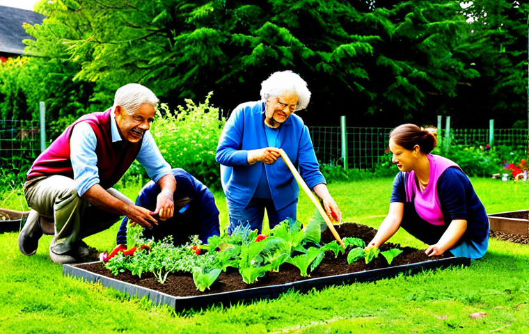 지속가능발전 분야의 실무 경험과 이론의 차이점 - **Image:** A diverse group of people collaborating on a community garden project, planting vegetable...