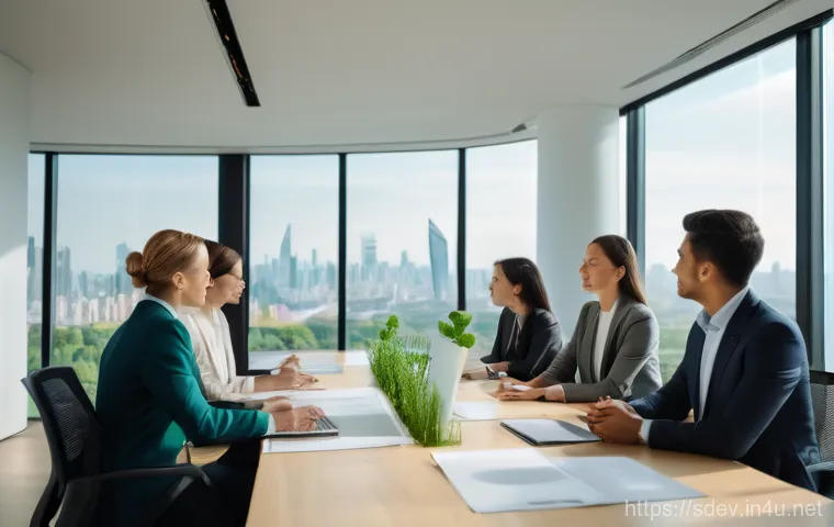 지속가능발전 전문가 자격 취득을 위한 단계 - A diverse team of sustainable development experts, including a female expert in her 30s wearing a pr...