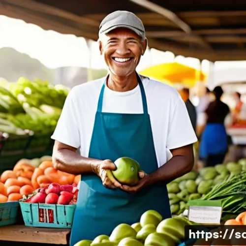 Home 33 지속가능발전과 환경 보호 정책 - **Prompt:** A vibrant and bustling farmers' market stall, overflowing with a variety of "ugly" yet p...