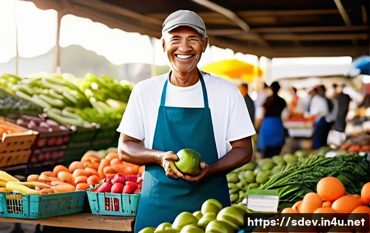 지속가능발전과 환경 보호 정책 - **Prompt:** A vibrant and bustling farmers' market stall, overflowing with a variety of "ugly" yet p...