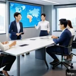 Home 18 지속가능발전 분야에서의 커리어 리더십 - A dynamic modern office scene showing a diverse group of professionals engaged in a collaborative wo...
