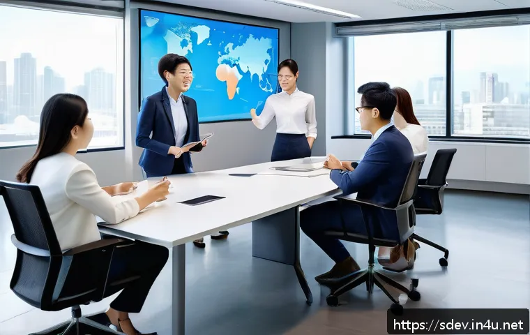 지속가능발전 분야에서의 커리어 리더십 - A dynamic modern office scene showing a diverse group of professionals engaged in a collaborative wo...