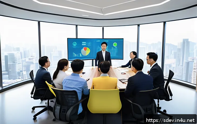 지속가능발전 업무 리더십 개발 - A diverse group of professional leaders gathered around a large conference table in a modern office,...