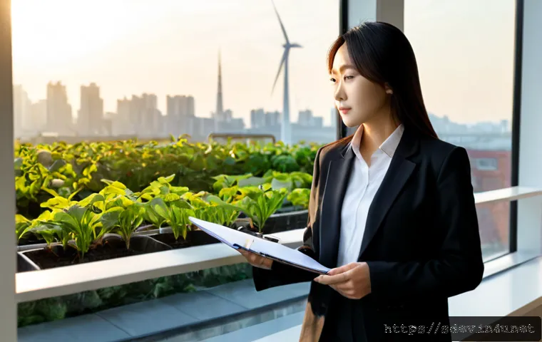 지속가능발전 전문가로서의 비전과 목표 설정 - Photorealistic sustainability professional standing at a bright modern office window, thoughtfully l...