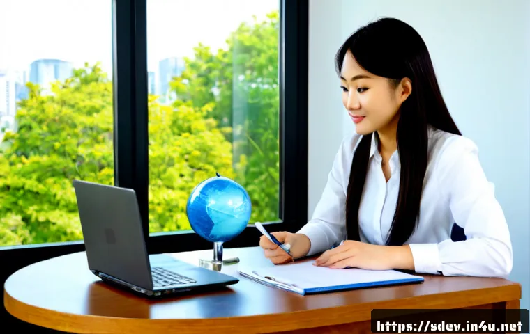 Home 17 지속가능발전 전문가의 진로 계획 - Photorealistic career planning scene for a sustainability development professional, confident young ...