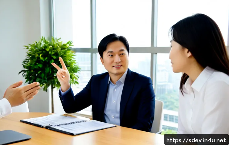 Home 17 지속가능발전 전문가의 기업과의 협력 모델 - Photorealistic corporate partnership meeting between a sustainability development expert and a diver...